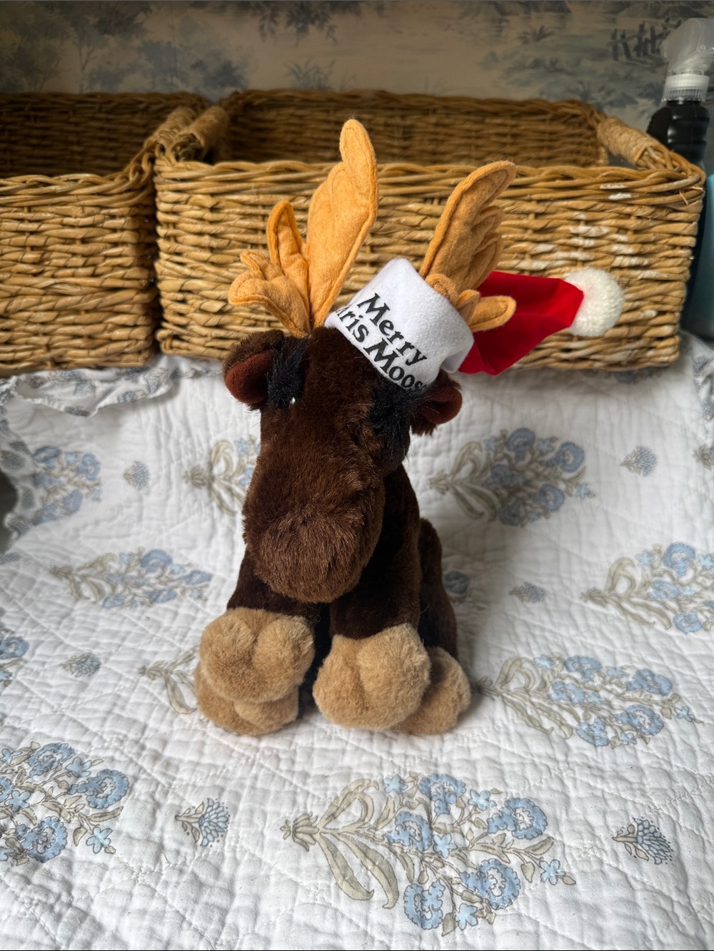 Plush Brown Moose Holiday Toy with Red Santa Hat